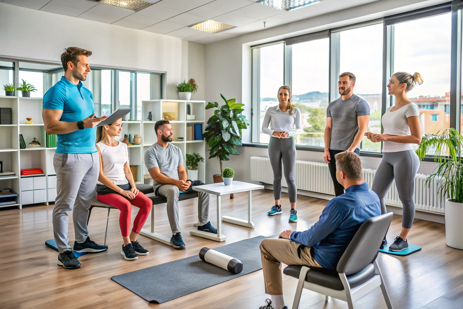 Grupa osób uczestnicząca w szkoleniu w nowoczesnej sali, z trenerem prowadzącym zajęcia praktyczne, w tle widać ergonomiczne meble i naturalne oświetlenie, bez żadnych napisów czy symboli