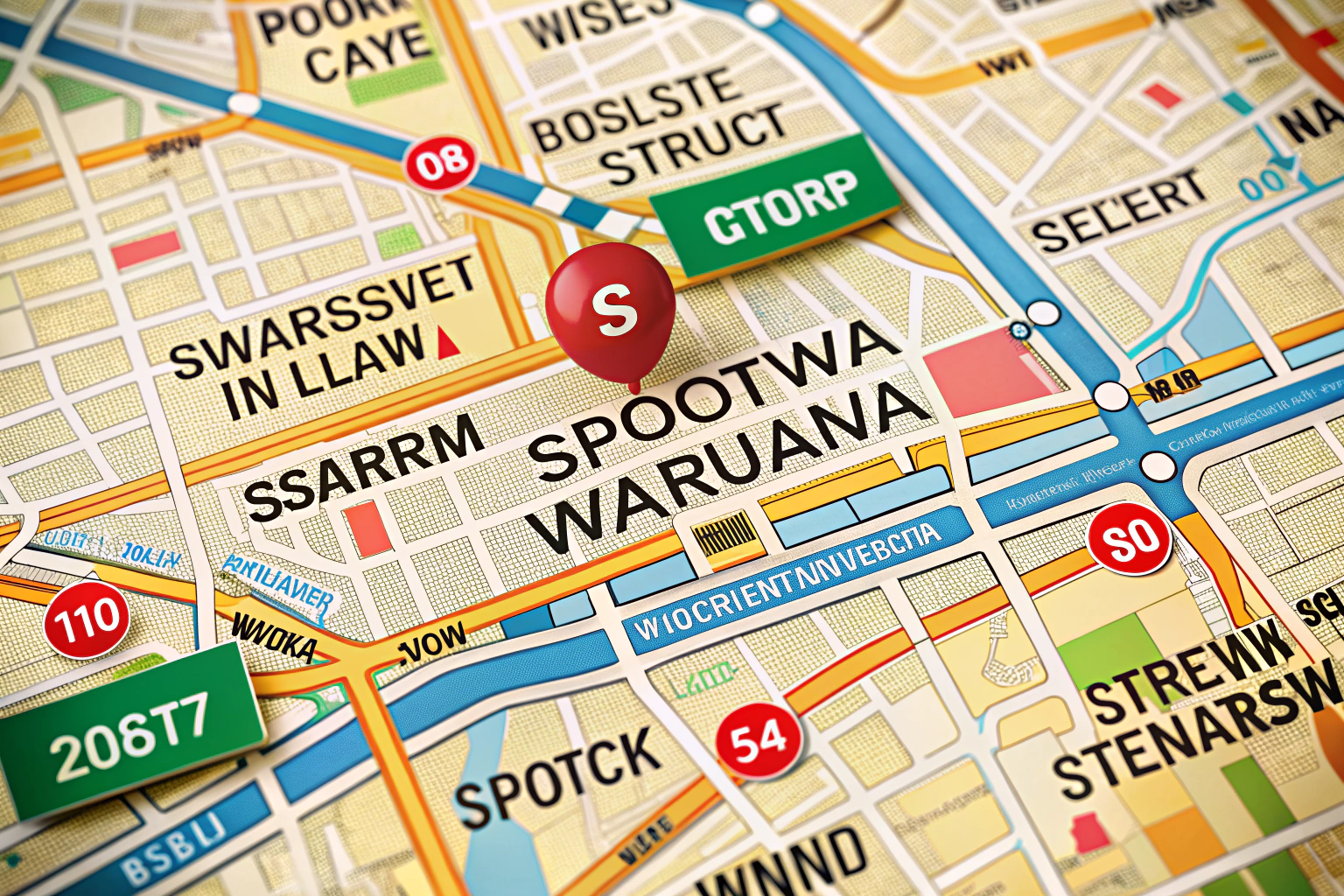 Mapa pokazująca lokalizację sali gimnastycznej przy ulicy Sportowej w Warszawie, z zaznaczonymi głównymi drogami i punktami orientacyjnymi